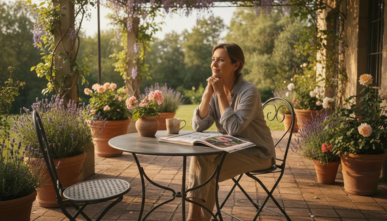 Person on a cozy patio reviewing a gardening catalog for next season's bulb and annual combinations, surrounded by container plants in warm, late afte