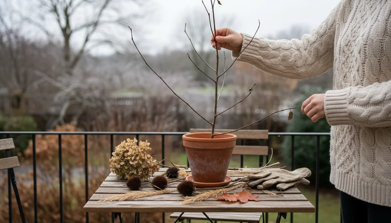 Person in a cozy sweater arranging dried branches and seed heads on a weathered balcony table into a terracotta pot, with urban blur.