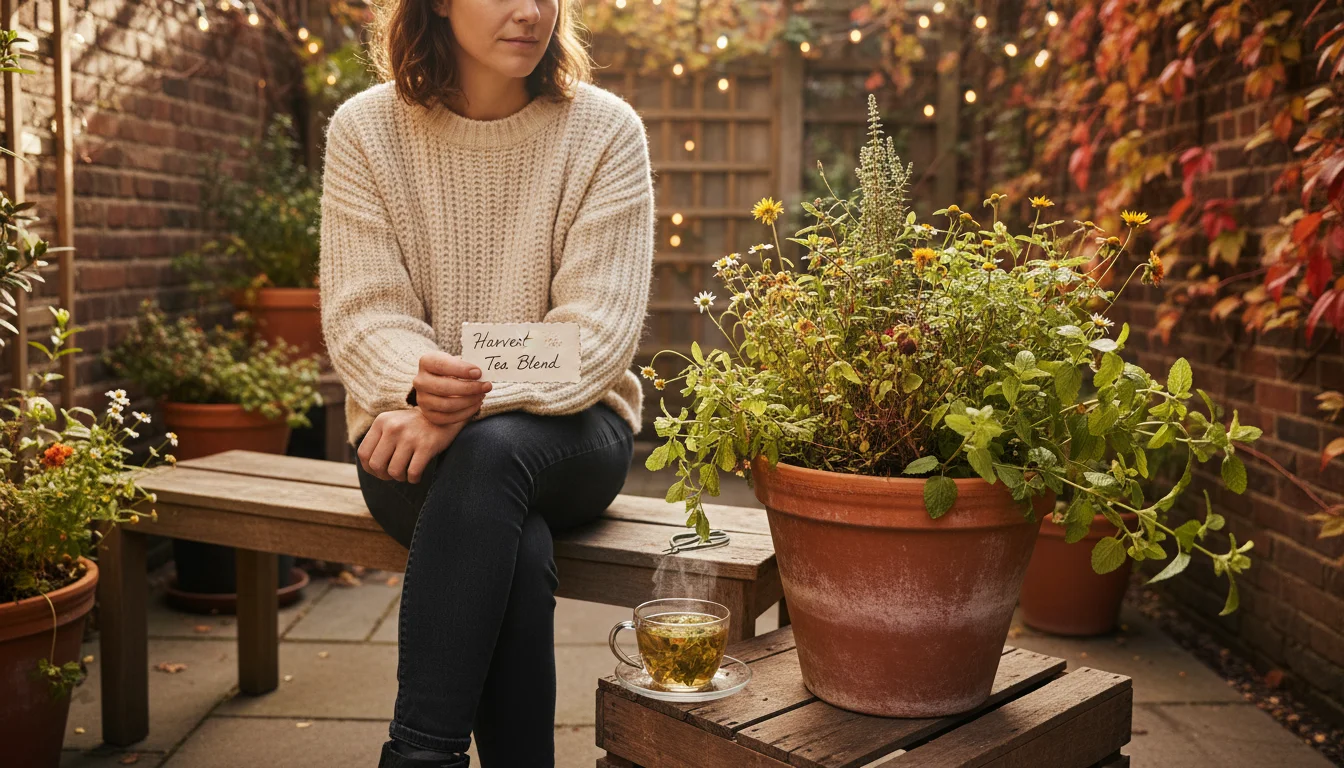A person in a cozy sweater sits on a patio bench, thoughtfully holding a garden note card and looking at a pot of tea herbs.