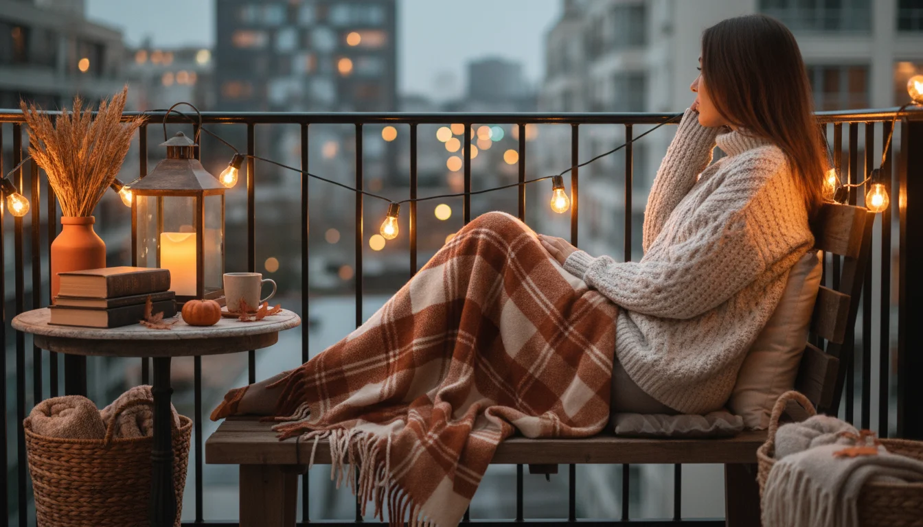 Person in a cozy sweater sits on a small balcony bench at dusk, enjoying soft string lights and a lantern on a table.