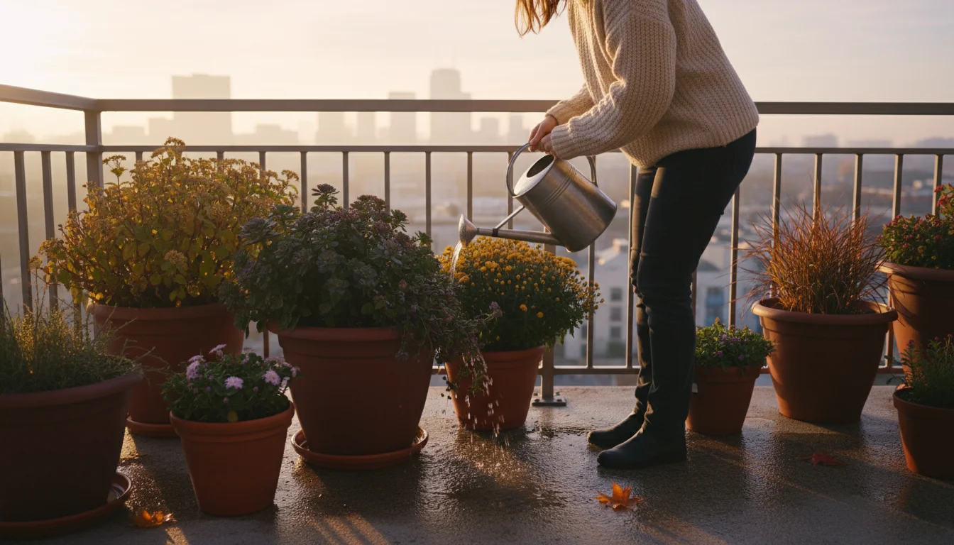 A person in a cozy sweater waters container plants on an autumn balcony at dawn. Water drains from a pot onto damp concrete.