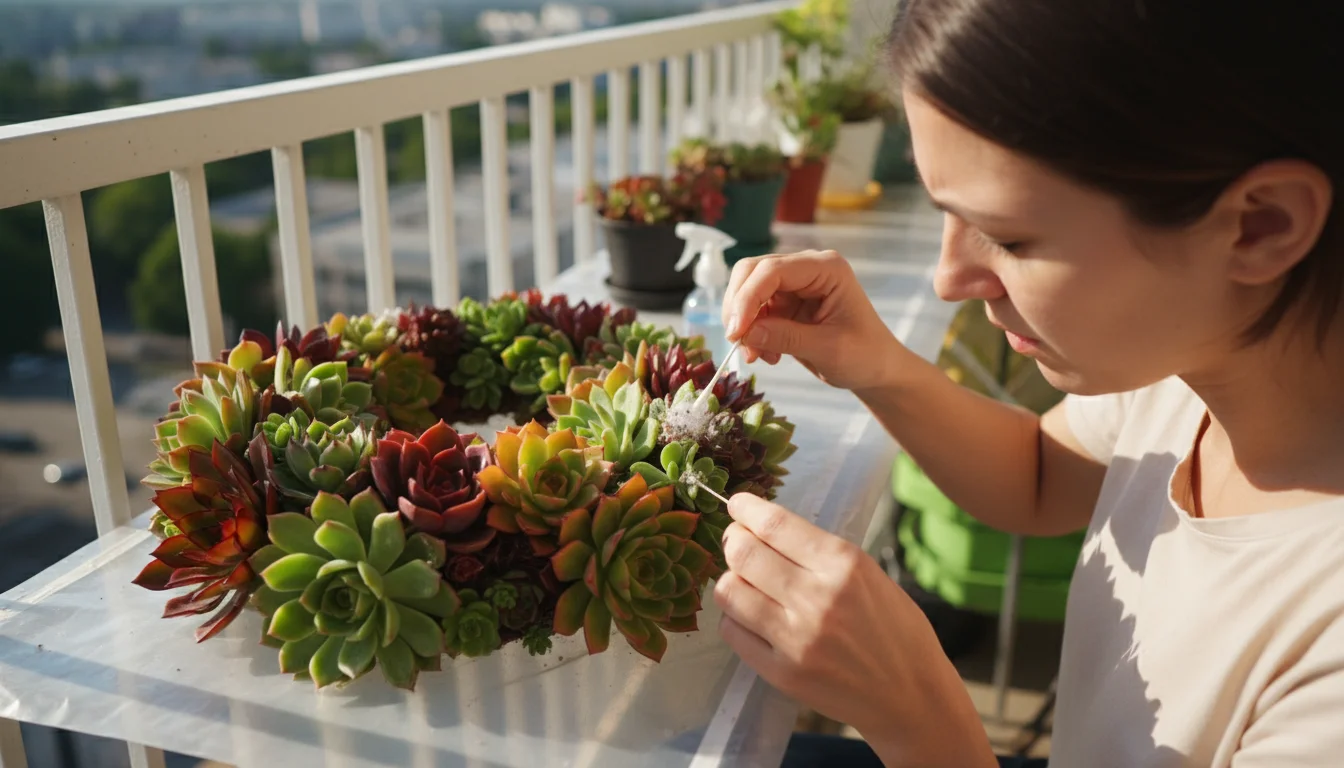 A person dabs mealybugs on a succulent leaf of a living wreath with a cotton swab on an apartment balcony railing.
