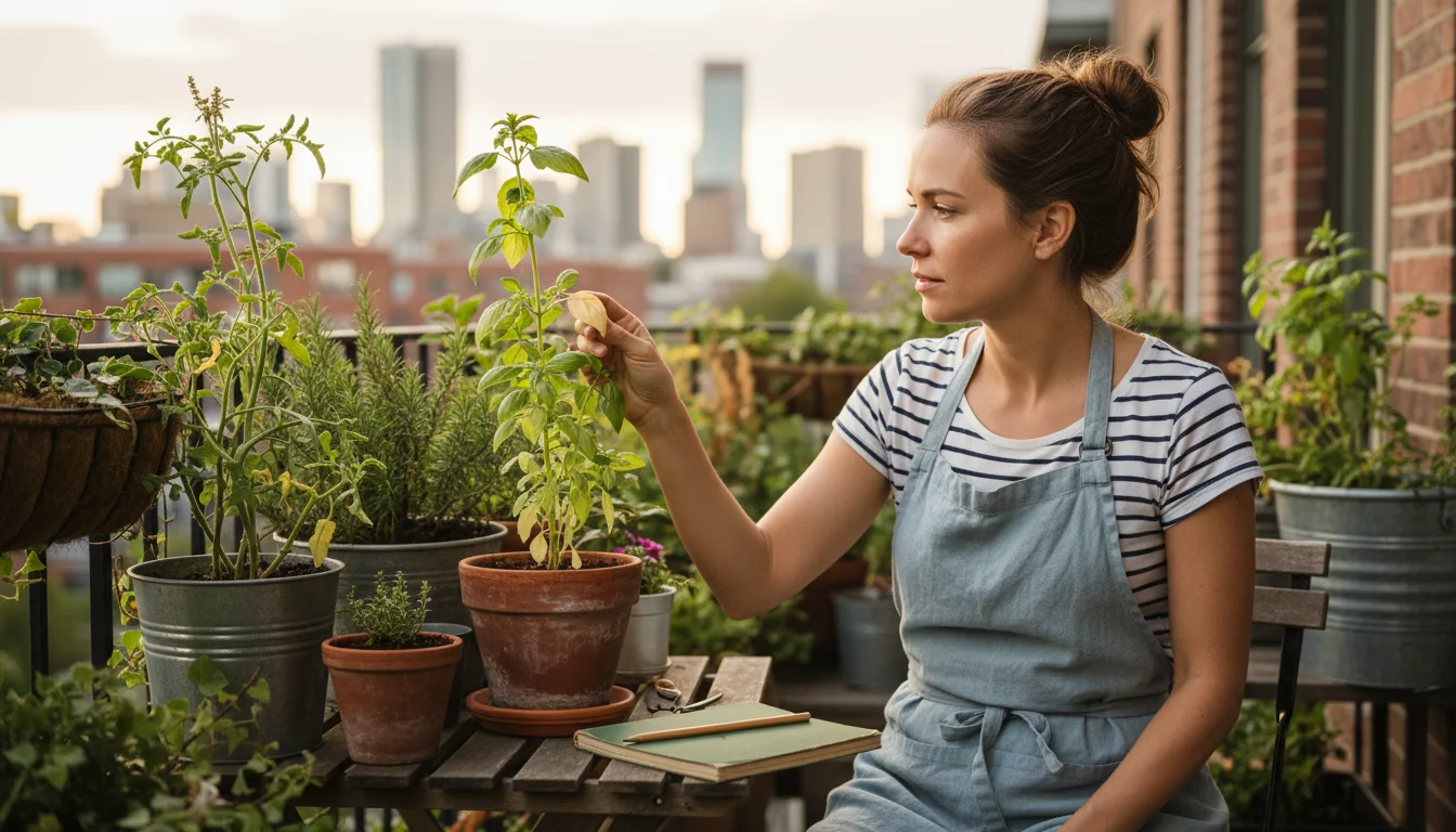 A person with dark hair thoughtfully examines a wilted basil leaf in a terracotta pot on an urban balcony filled with various container plants.