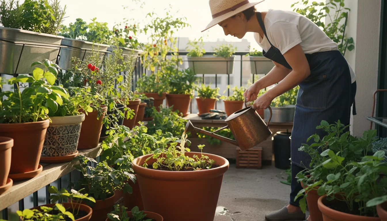 Person carefully diluting liquid fertilizer in a watering can amidst diverse container plants on a sunny urban balcony.