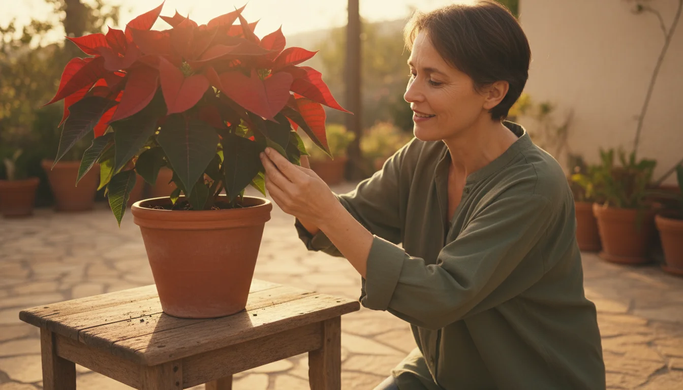 Person with dirt under fingernails gently lifts a vibrant red poinsettia leaf on a patio table, intently inspecting its underside in warm golden light