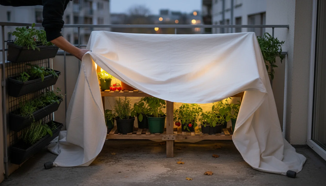 Person gently drapes a light-colored bed sheet over potted balcony plants, ensuring it touches the concrete floor for frost protection.