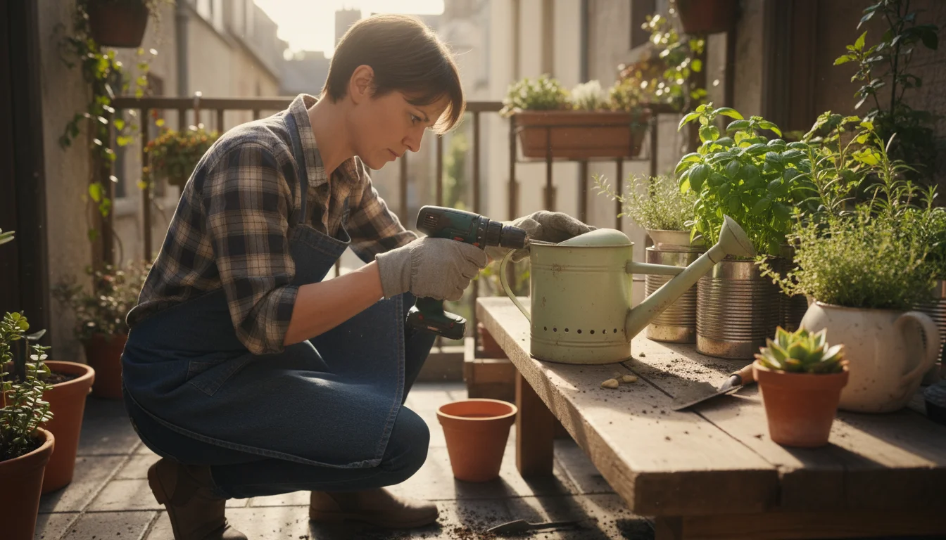 Person drilling drainage holes into a vintage metal watering can on a sunny patio, surrounded by herbs in upcycled containers.