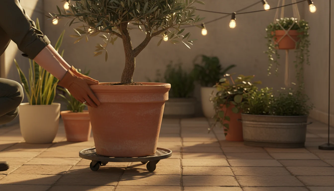 Person effortlessly guiding a large potted olive tree on a wheeled base across a sun-dappled patio, demonstrating easy plant mobility.