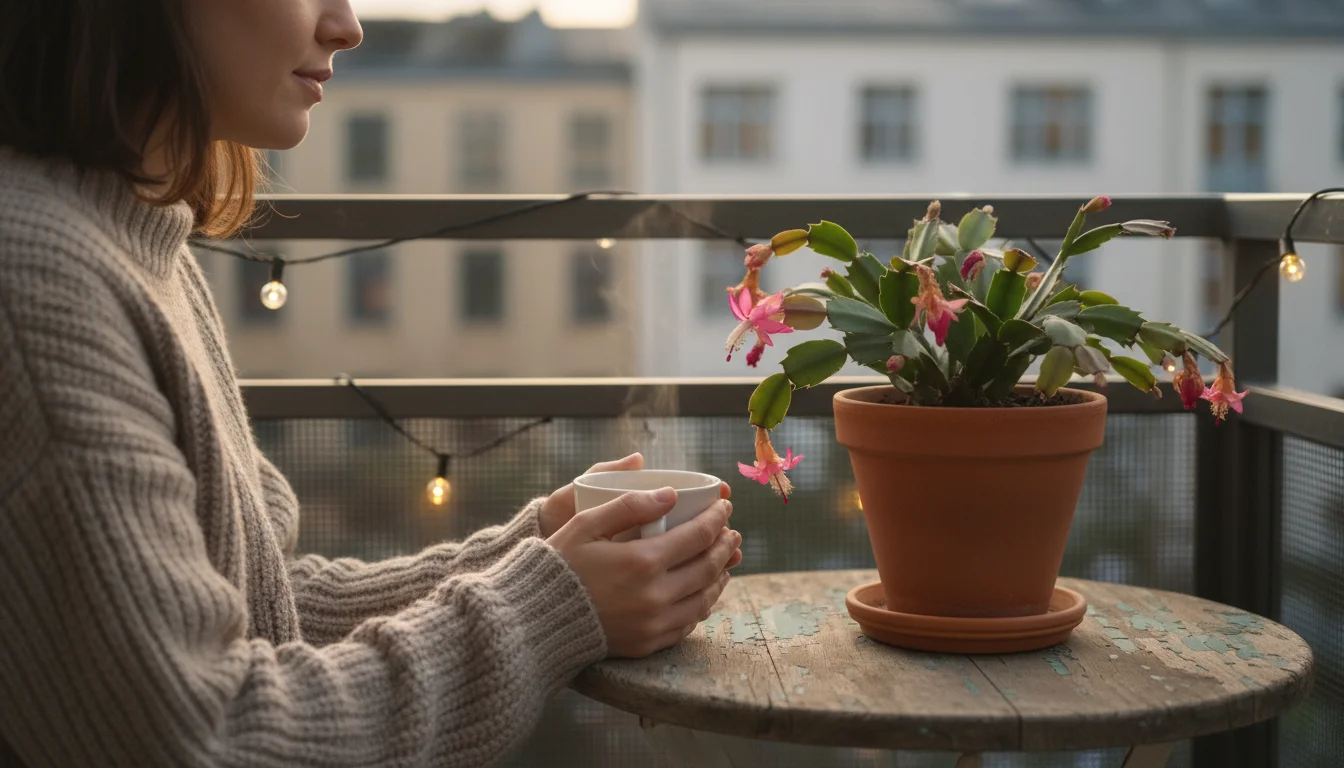 Person gently examines a Christmas Cactus on a small patio table with other container plants in soft, warm light.