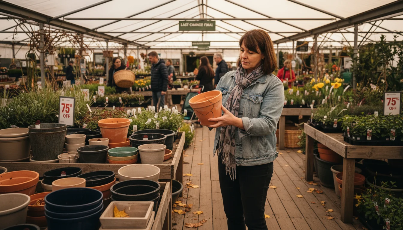 Person examines a discounted terracotta pot in a garden center's clearance section, surrounded by other marked-down pots and plants.