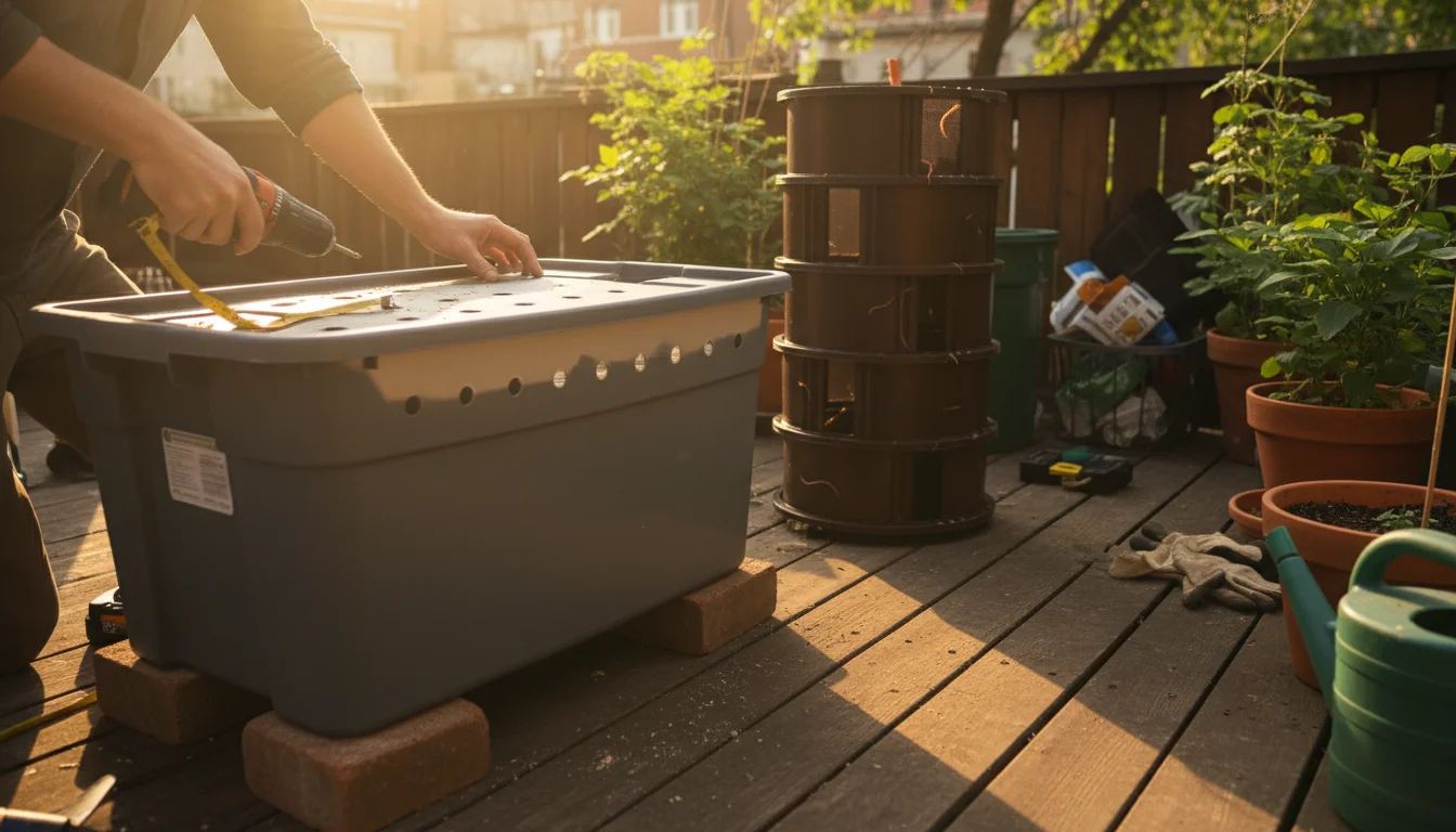A person examines a grey plastic composting bin elevated on bricks on a patio, with a wire mesh bin and stacked terracotta pots nearby.