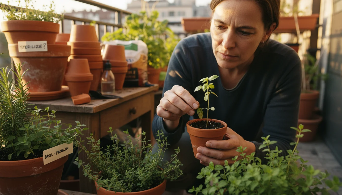 A person examines a small, sickly basil plant in a pot on a balcony, surrounded by healthy container plants and gardening tools.