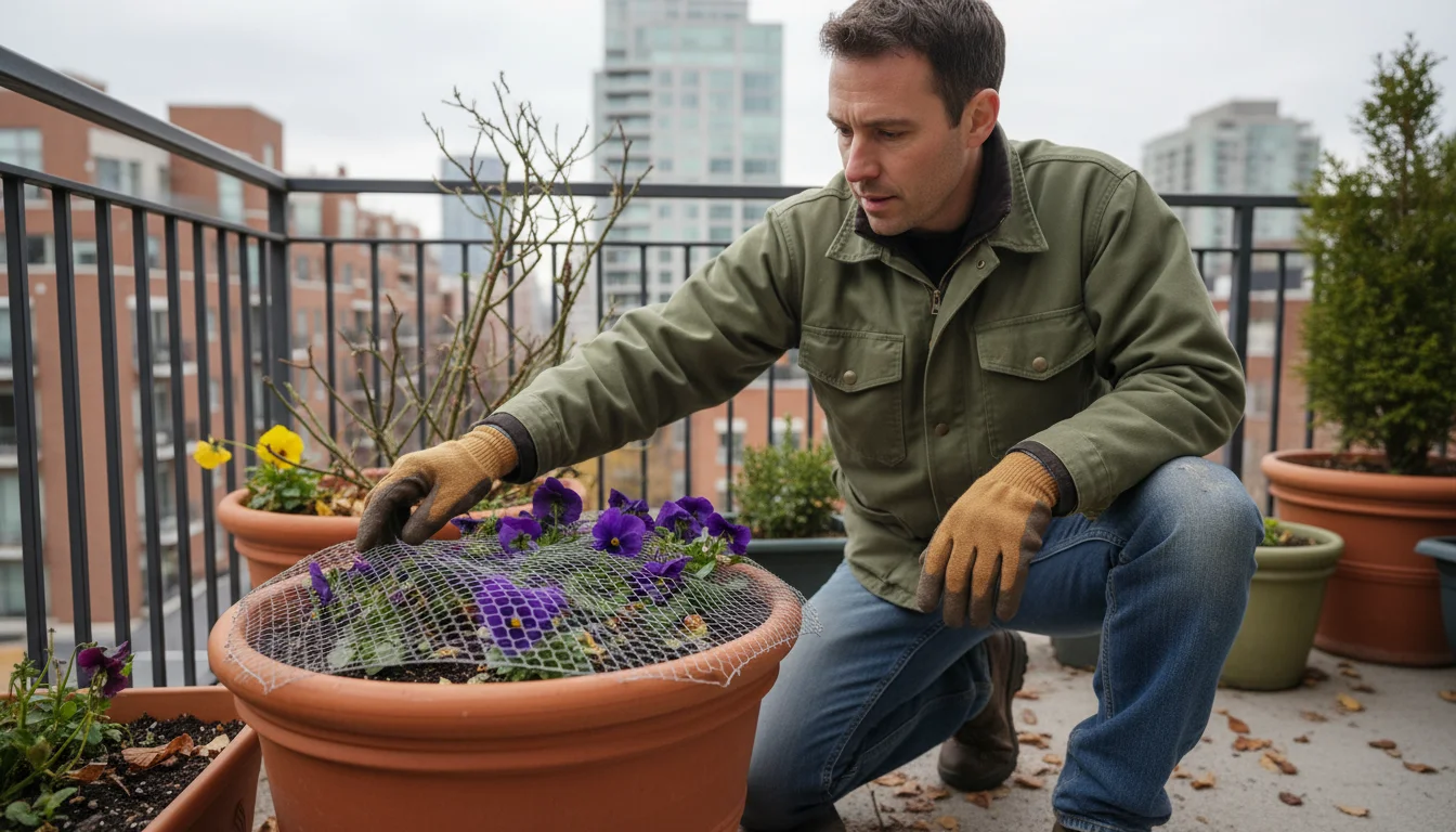 A person on a fall balcony intently inspecting a terracotta pot with purple pansies. Its wire mesh cover is slightly dislodged, with their hand nearby