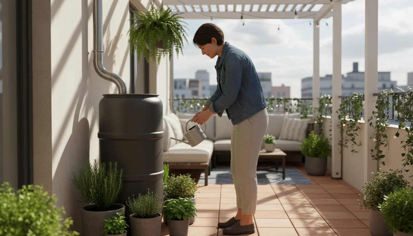 A person fills a watering can from a neatly integrated rain barrel on a small, lush patio, with other small rainwater collection buckets nearby.