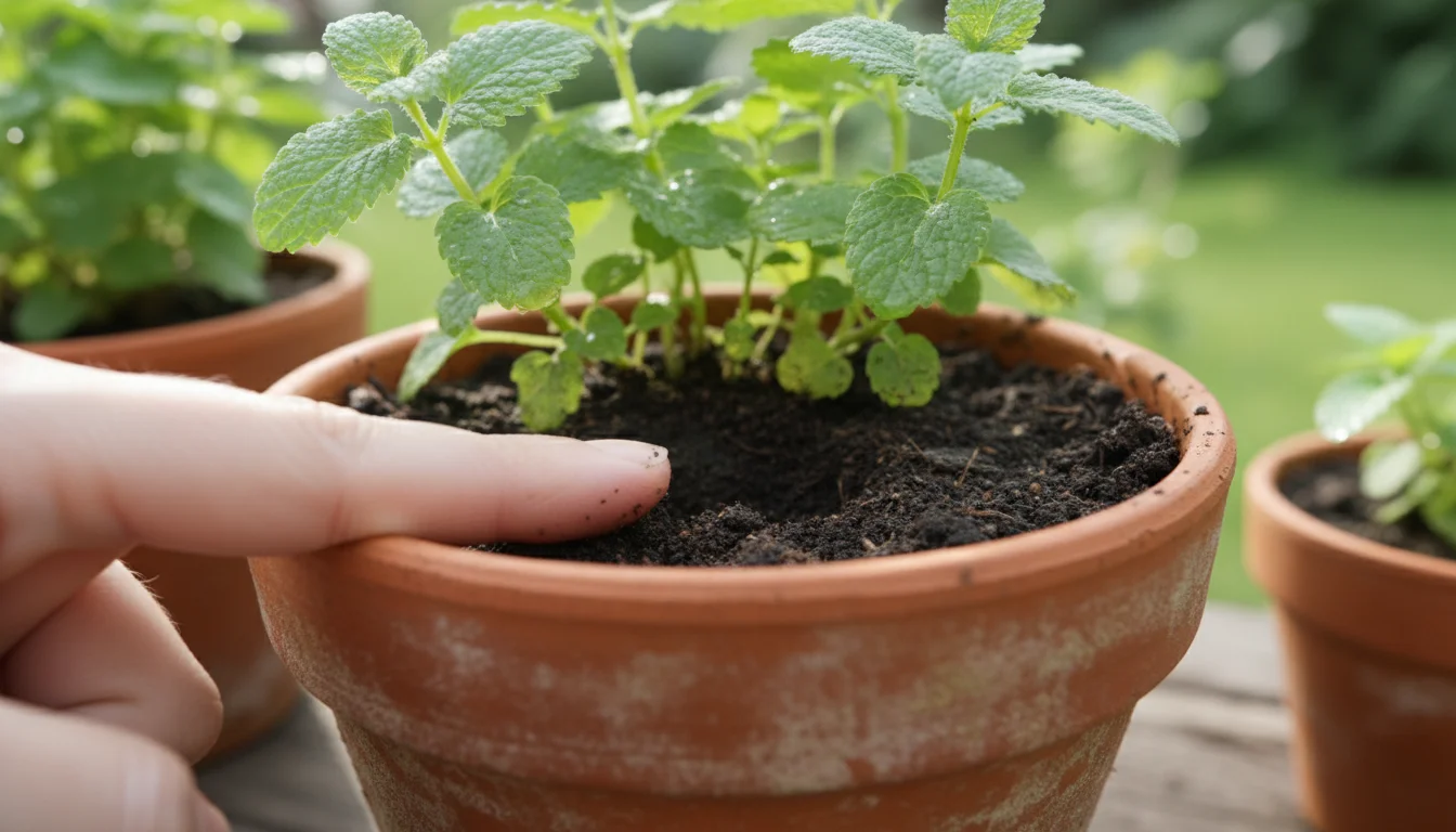 Close-up of a person's finger checking soil moisture in a terracotta pot with a leafy herb. A soil moisture meter is subtly visible in the background.