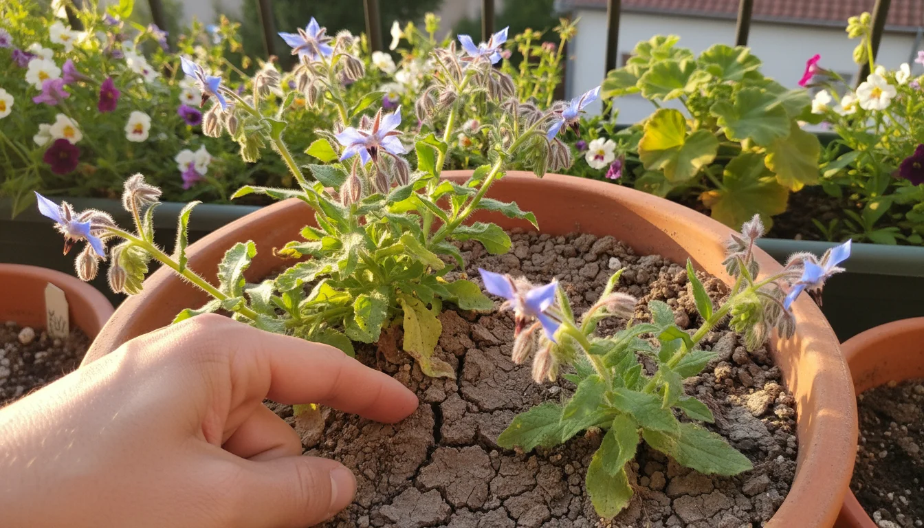 A person's finger checks dry soil in a vibrant potted spring flower on a sunny balcony; subtle yellowing leaves on another plant hint at stress.