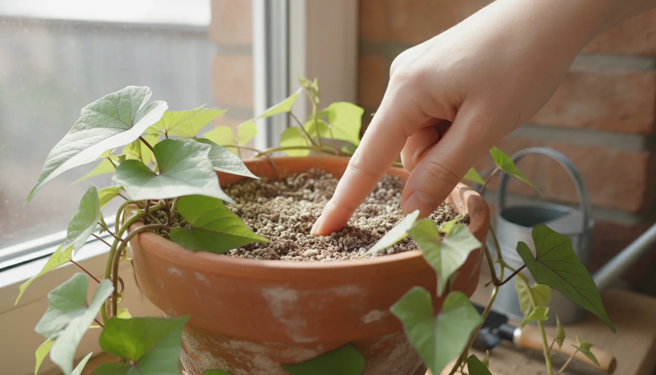 A person's finger checks the dry topsoil of a vibrant sweet potato vine in a terracotta pot.