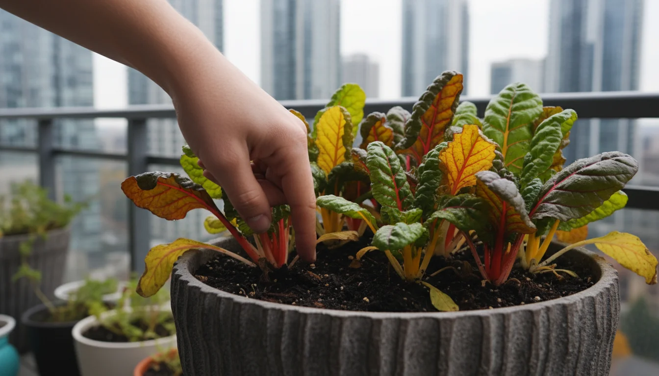 A person's finger checks soil moisture in a dark grey pot with healthy Swiss chard on an urban balcony on a cool autumn day.