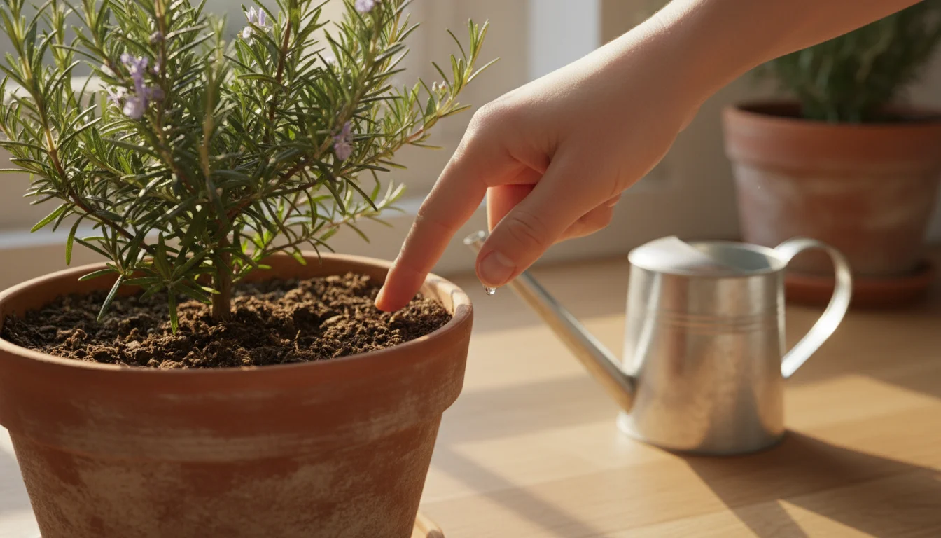 A person's finger checks soil moisture in a terracotta pot holding a healthy rosemary plant. A watering can is in the background.
