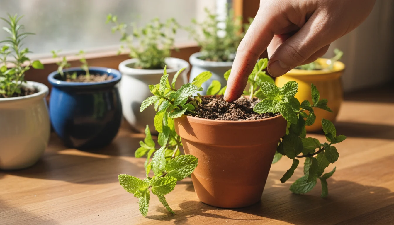 A person's finger checks the soil moisture in a terracotta pot of mint on a wooden window sill, with other herb pots and a watering can nearby.