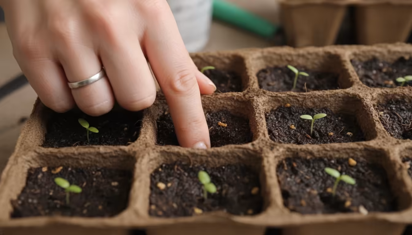 Close-up of a person's finger gently inserted into the soil of a small peat pot seed-starting tray to check moisture levels.