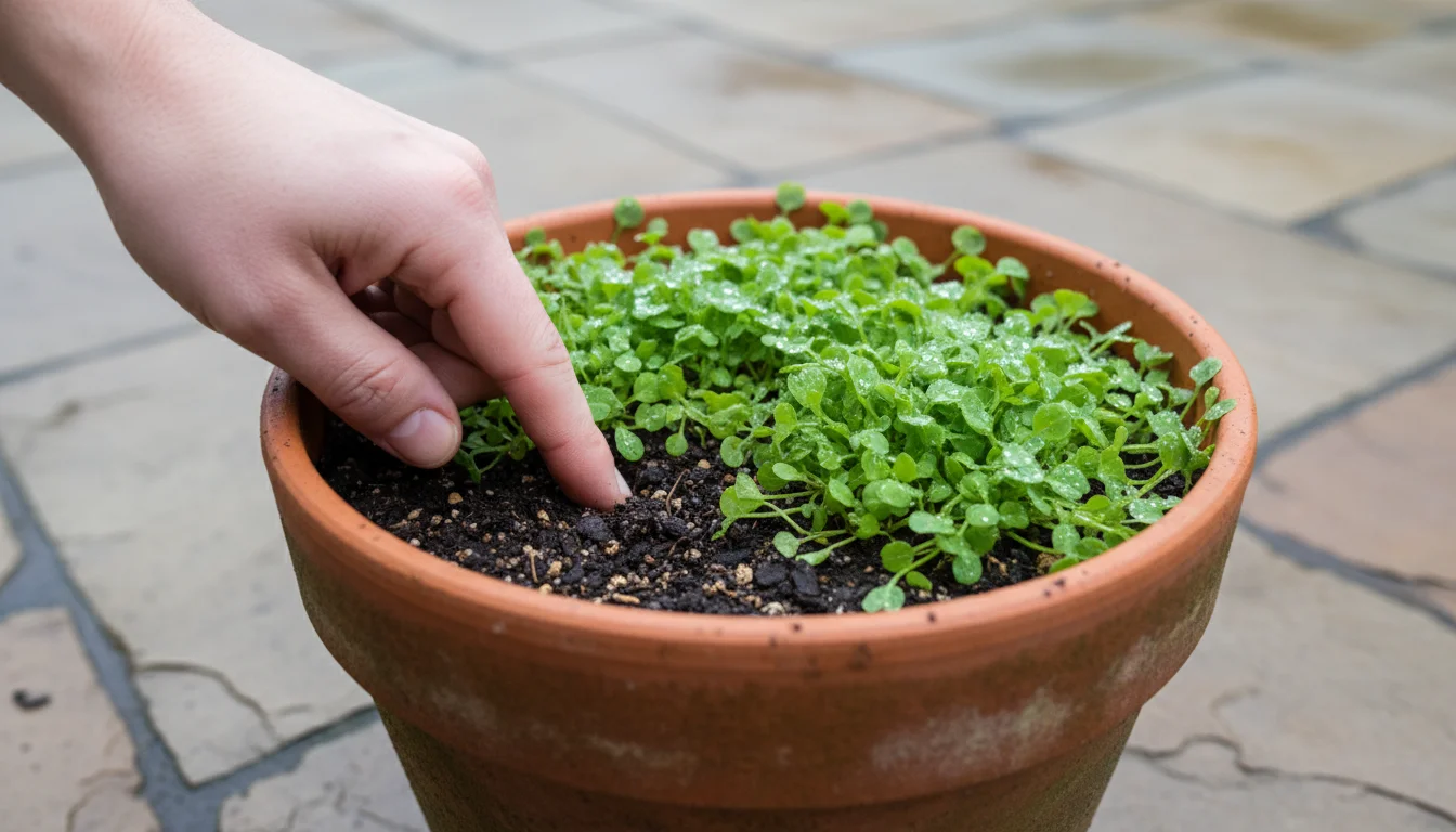 A person's finger probes the soil in a terracotta pot filled with green cover crops on an outdoor patio.