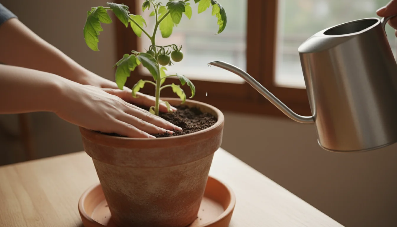 A person's finger testing the soil in a terracotta pot with a small, vibrant tomato plant, a watering can held nearby, and a saucer visible.