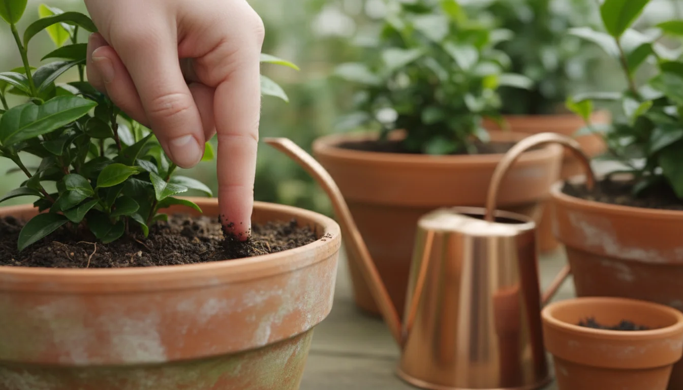 A person's finger gently tests the moist soil in a terracotta pot holding a small Camellia sinensis tea plant. A watering can and a jar of rainwater a