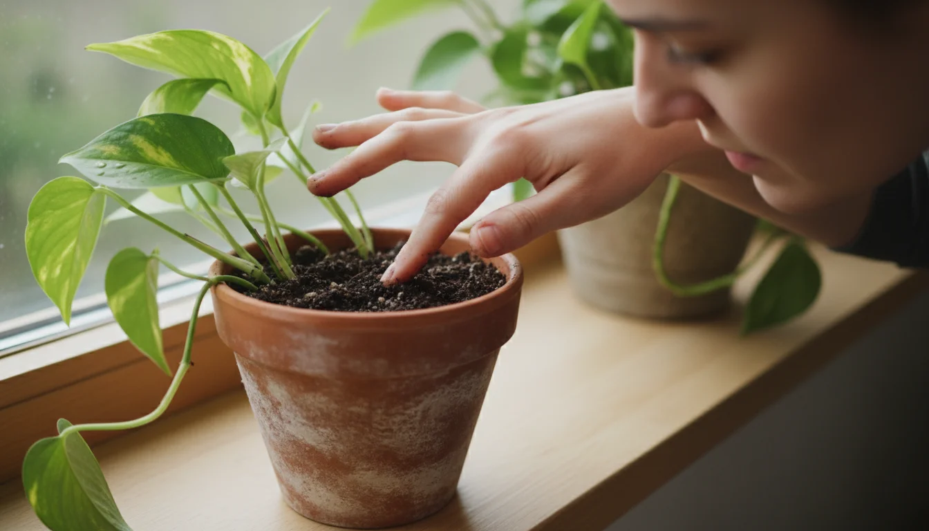 A person's finger gently tests the soil moisture of a green Pothos plant in a terracotta pot on a windowsill.
