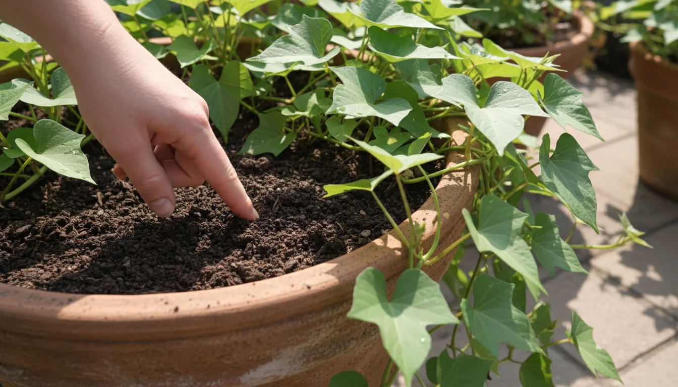 A person's finger tests the soil moisture in a large terracotta pot overflowing with healthy sweet potato vines on a sunlit patio.