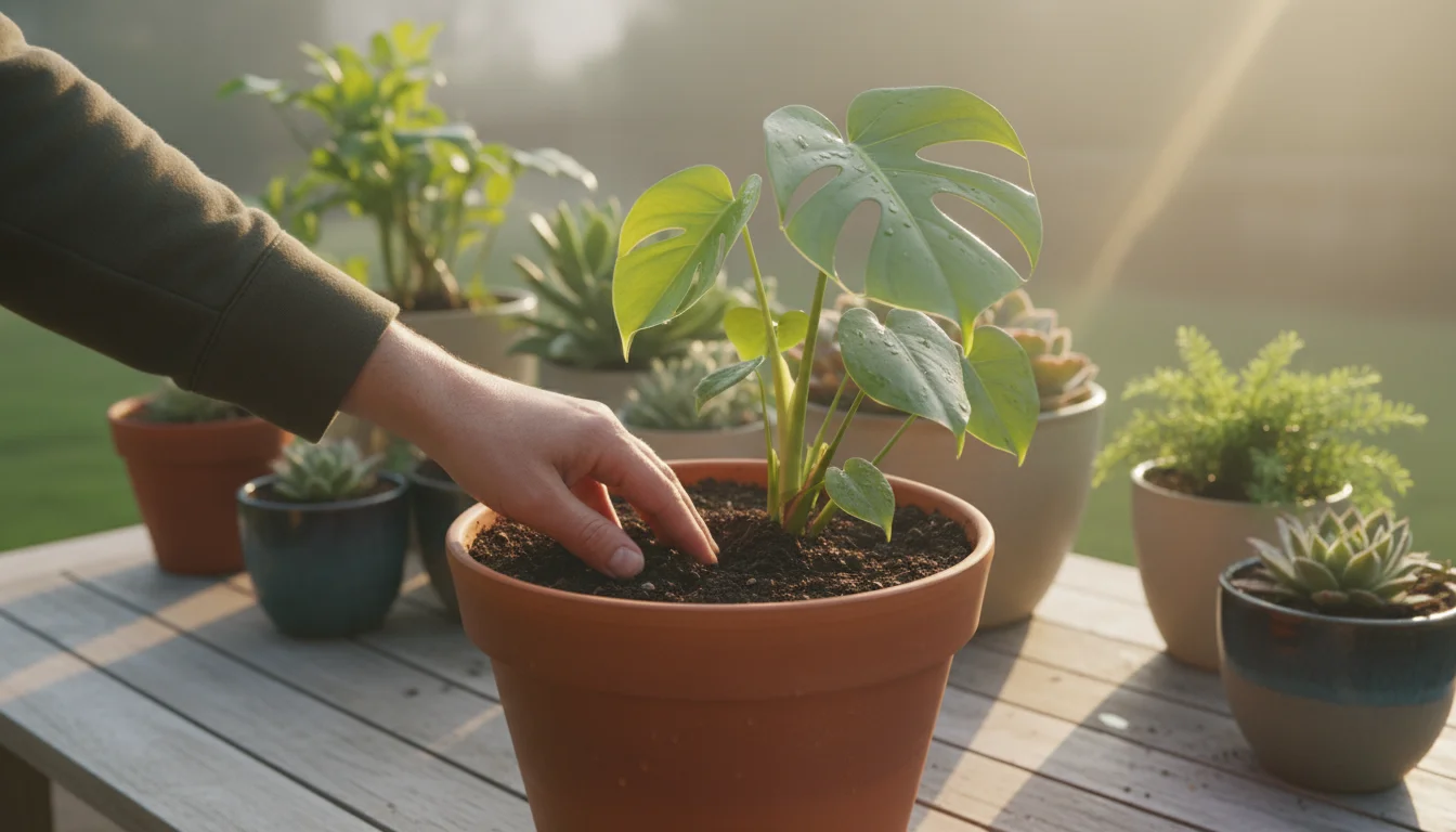 A person's fingers gently check the topsoil of a healthy Monstera plant in a terracotta pot on a sunlit windowsill.