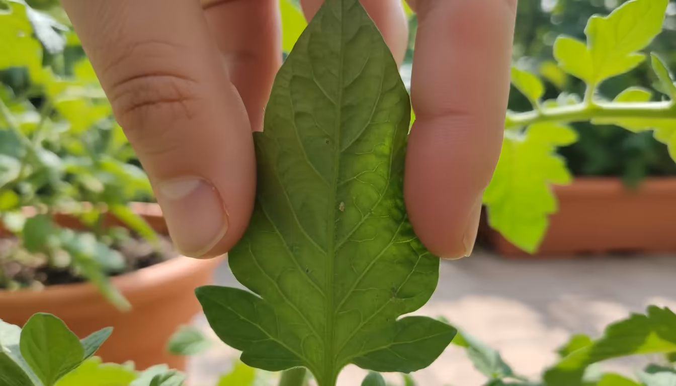 A person's fingers gently hold a vibrant tomato leaf, closely inspecting its underside for early pest signs on a patio container plant.