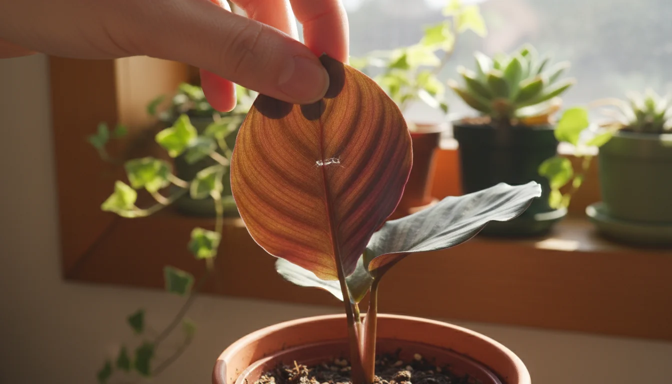 A person's fingers gently lift a green Calathea leaf, revealing a tiny web on its underside, set against a blurred background of other small houseplan