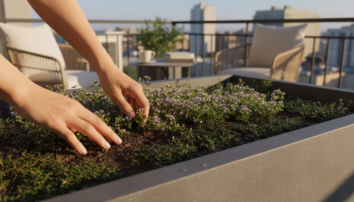 A person's fingers gently part green groundcover in a large grey planter on a sunny balcony to feel the soil beneath.