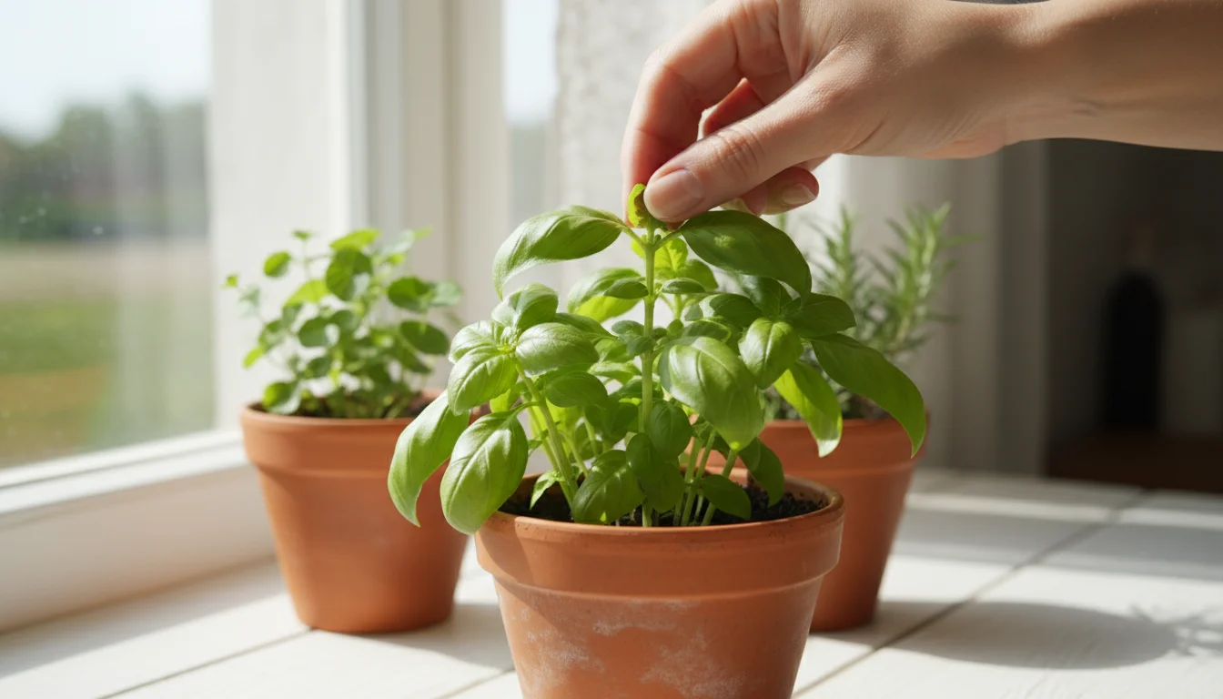 Person's fingers pinch a leggy basil plant in a terracotta pot on a sunny windowsill, with other herbs blurred behind.