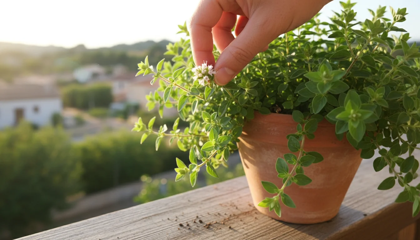 A person's fingers gently pinch tiny white flower buds from a healthy oregano plant in a terracotta pot on a sunny balcony railing.