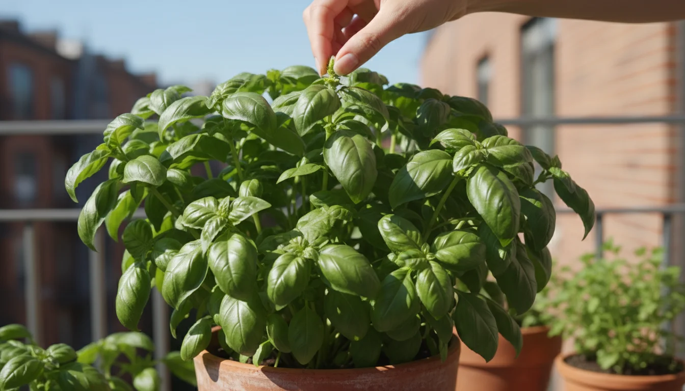 Close-up of a person's fingers pinching a nascent flower bud from a bushy, healthy basil plant in a terracotta pot on a sunny balcony.