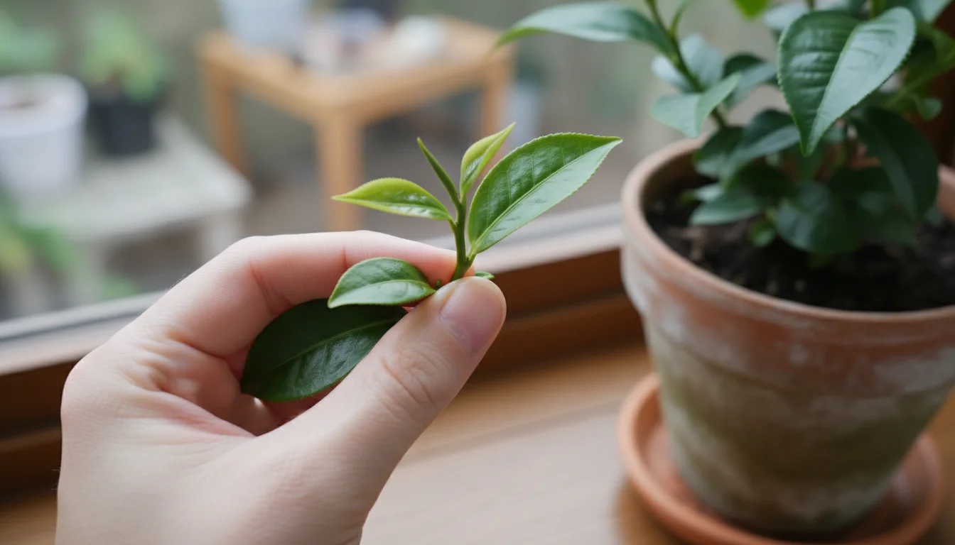 Close-up of a person's fingers pinching off the top two leaves and bud of a small tea plant in a terracotta pot.