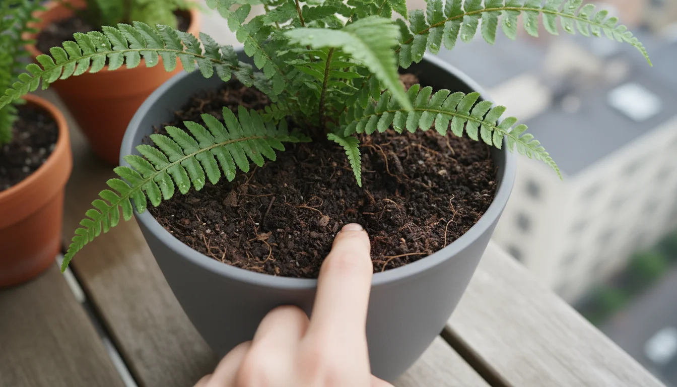 A person's fingers press into the dark, moist soil of a healthy Boston fern in a grey pot on an urban balcony.