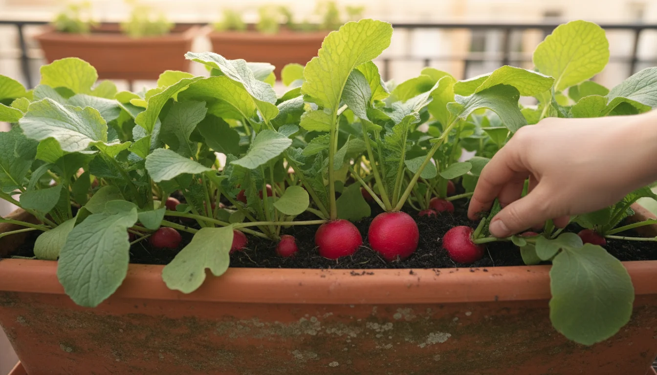 Person's fingers gently clear soil from around a developing red radish in a terracotta window box. Vibrant green leaves surround it.
