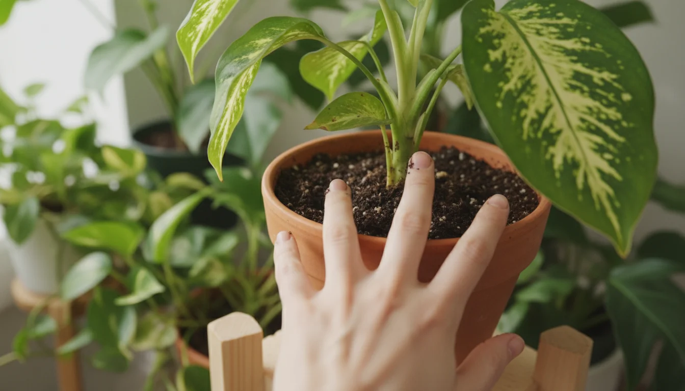 Person's fingers gently test the soil of a slightly drooping houseplant in a terracotta pot on a wooden stand.