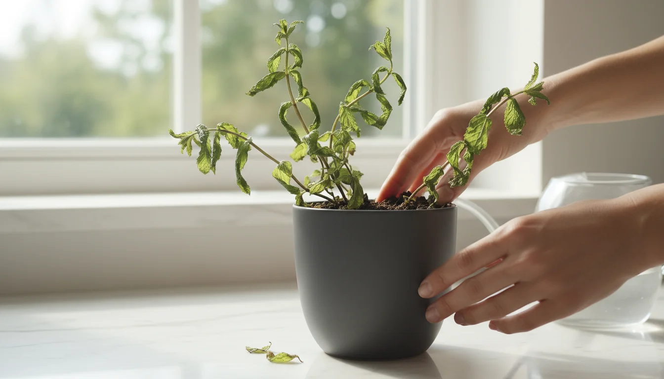 A person's fingers touch the soil of a wilting mint plant in a grey pot on a kitchen counter, checking moisture.