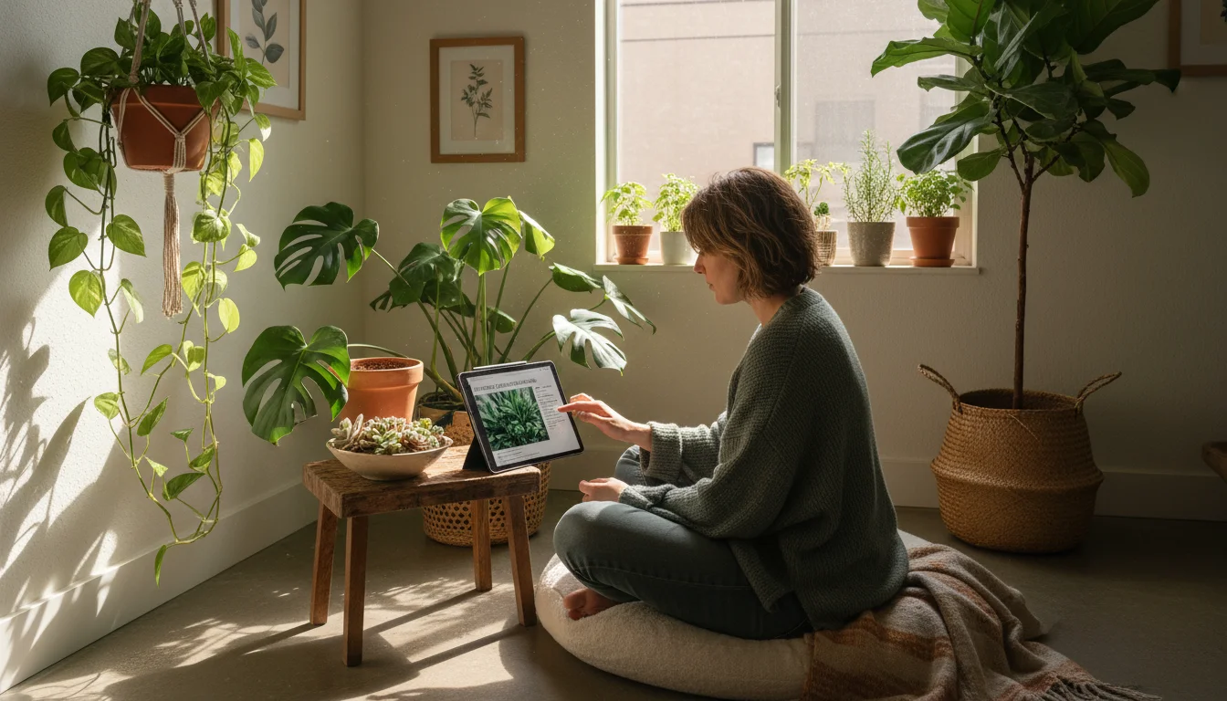 Person on a floor cushion scrolls a tablet, surrounded by thriving potted indoor plants and a small humidifier.