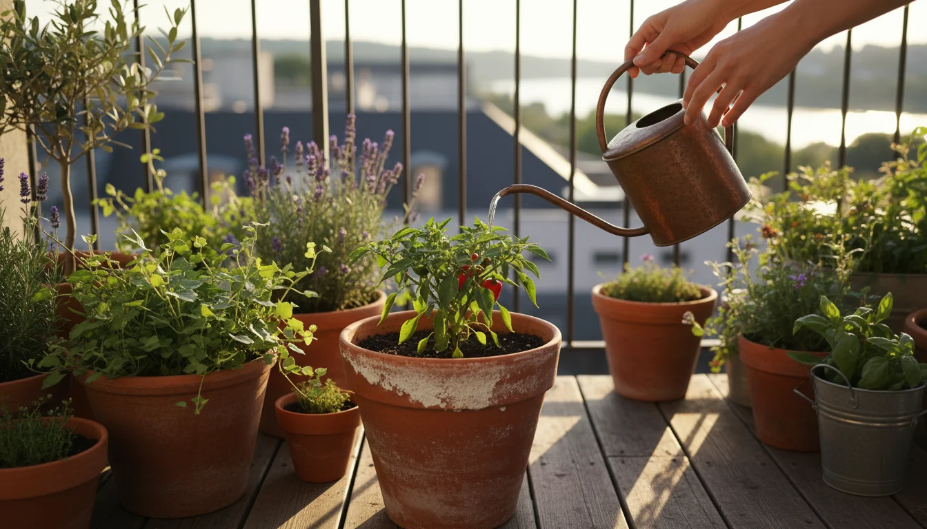 Person flushing a terracotta pot with a watering can, showing white mineral crust on the pot and subtle browning on plant leaves.