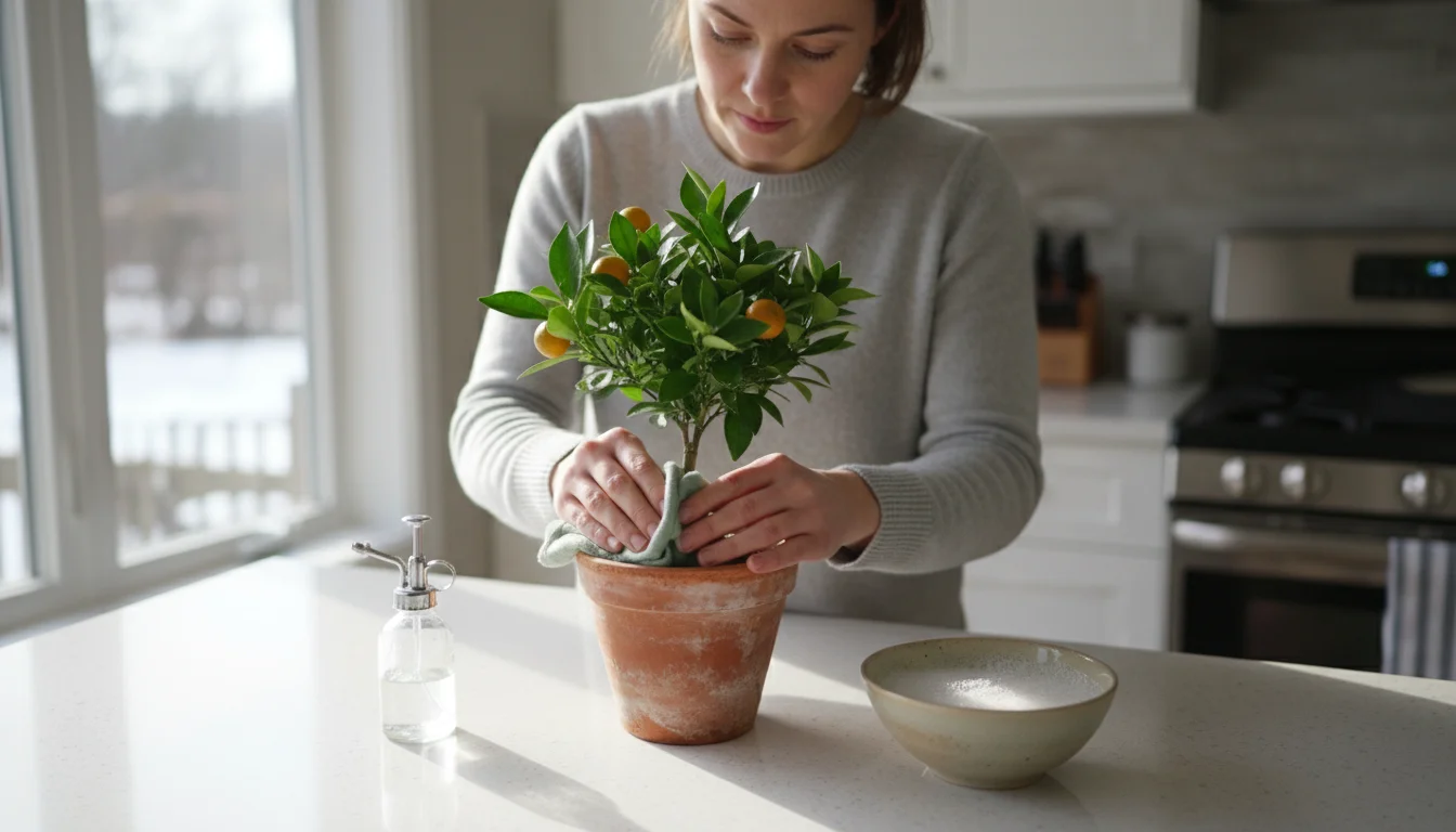 A person with a focused expression carefully wiping down the leaves of a small citrus plant on a kitchen counter to remove pests.