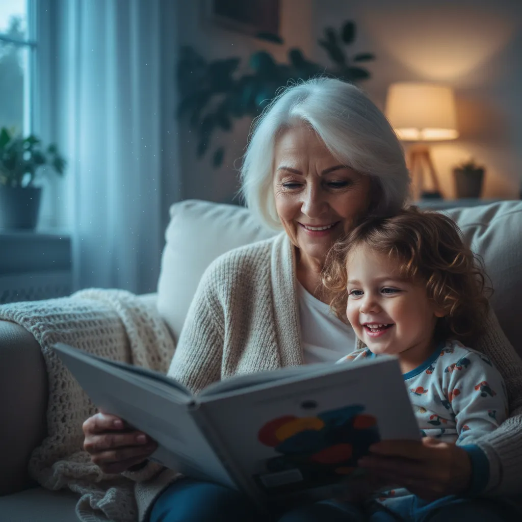 Close up of a smiling grandparent reading a story to an equally engrossed grandchild on a sofa in soft blue hour light.
