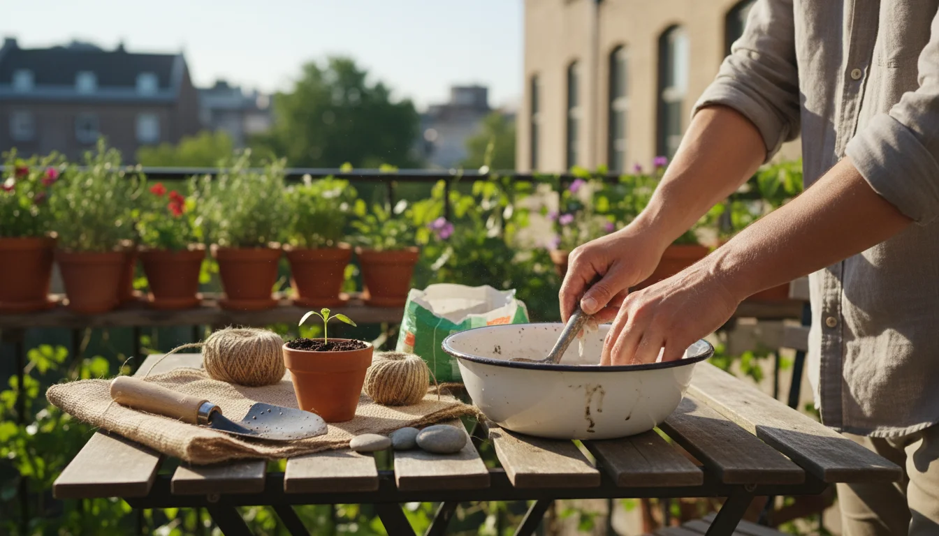 Person's forearms meticulously scrub a repurposed metal spoon in a basin of soapy water on a sun-drenched balcony table, with other clean tools and co