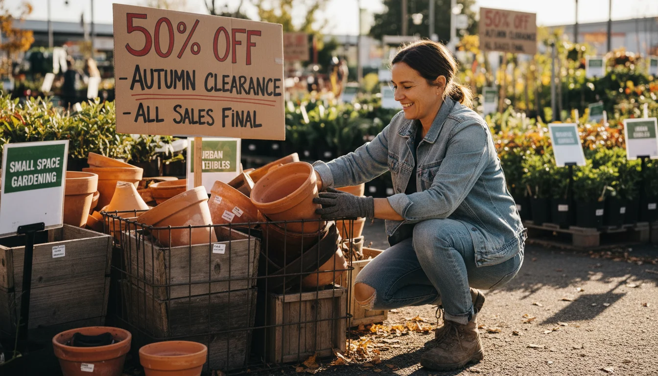 A person in a garden center's clearance section examines discounted terracotta pots.