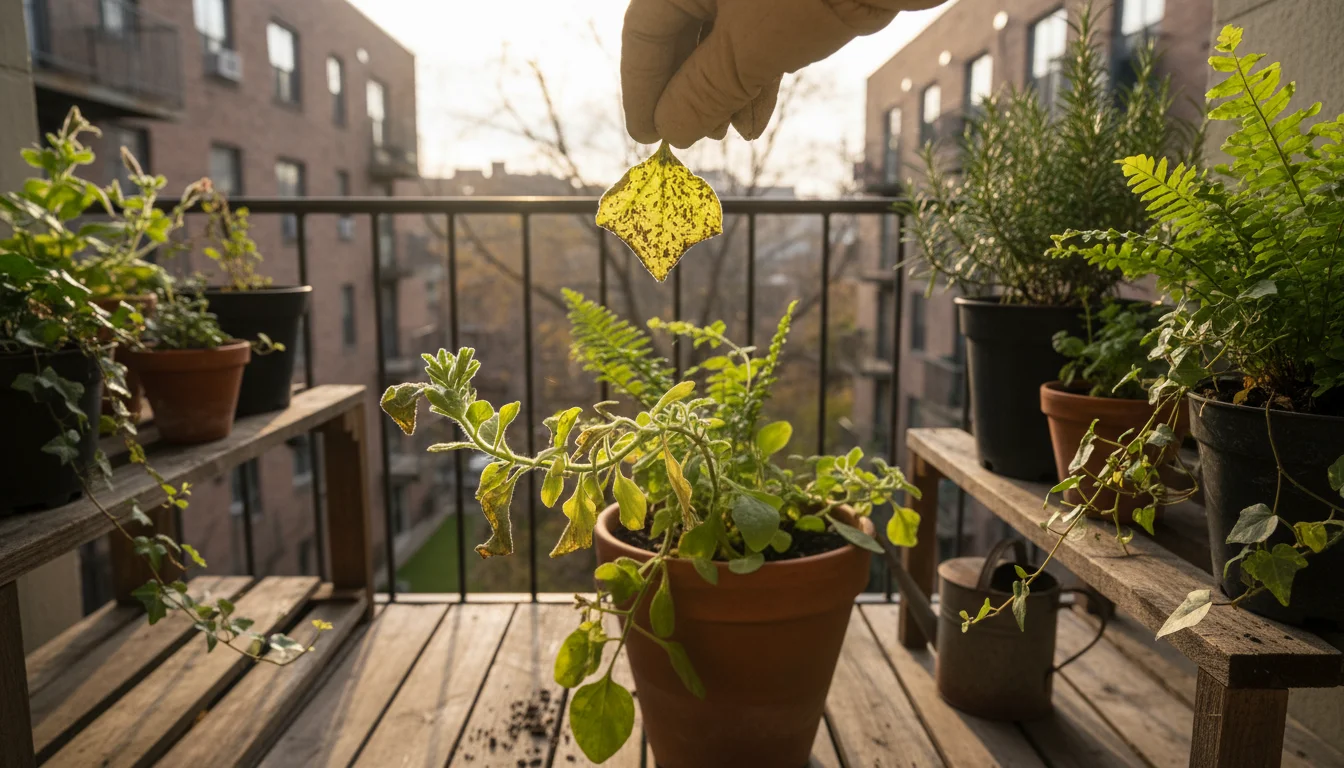 Person in garden gloves closely inspects an aphid-infested petunia leaf on a small balcony, with other potted plants and natural pest control supplies