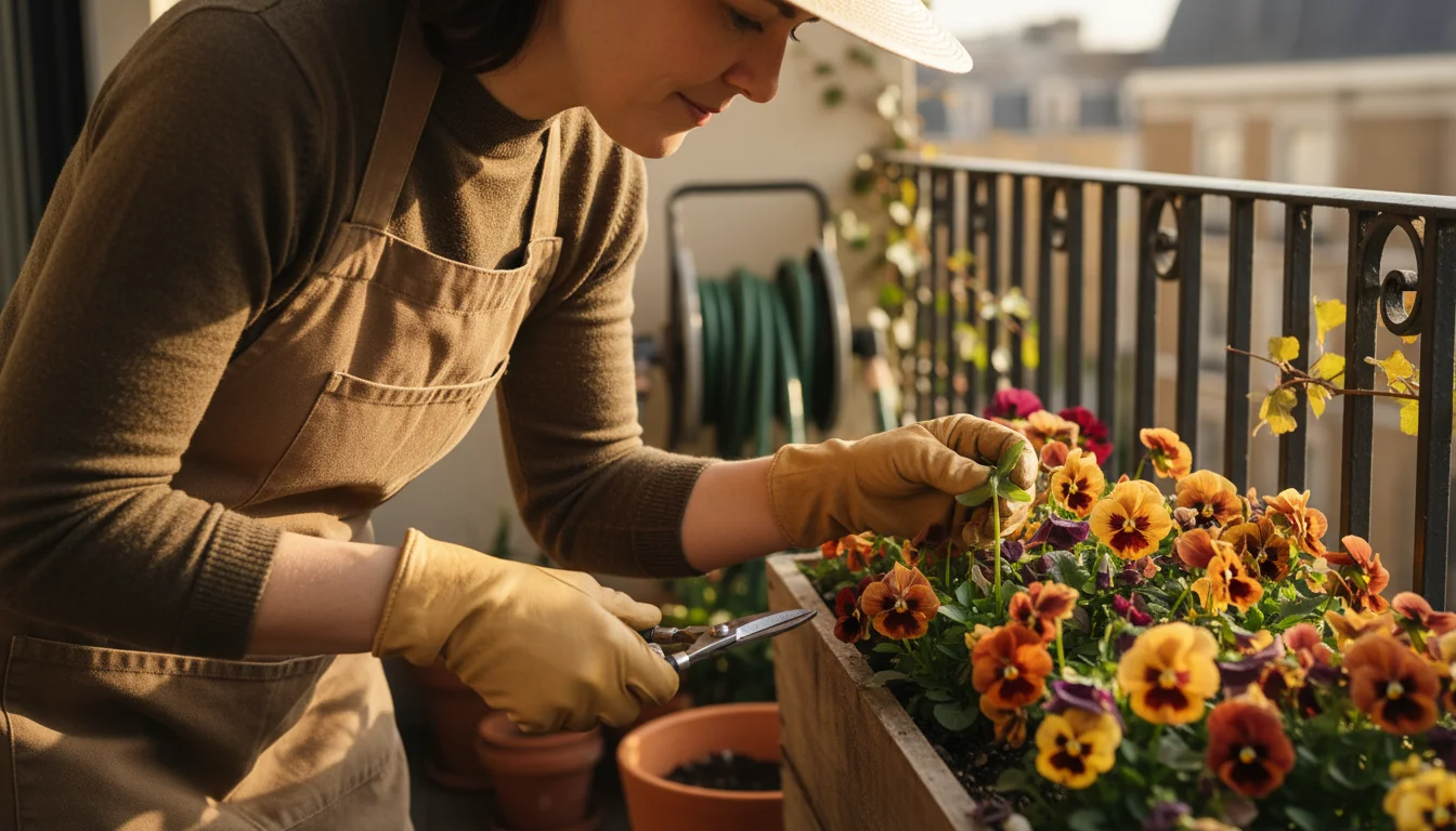 Person in a gardening apron intently inspects viola leaves for pests while holding snips to deadhead a spent flower on a balcony.